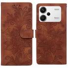 For Redmi Note 13 Pro+ Lace Floral Embossed Magnetic Buckle PU Phone Case With Wrist Strap(Brown) - 1
