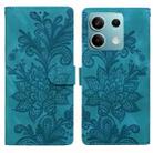 For Redmi Note 14 4G Lace Floral Embossed Magnetic Buckle PU Phone Case With Wrist Strap(Green) - 1