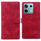 For Redmi Note 14 4G Lace Floral Embossed Magnetic Buckle PU Phone Case With Wrist Strap(Red) - 1