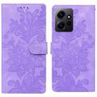 For Redmi Note 12 4G Global Lace Floral Embossed Magnetic Buckle PU Phone Case With Wrist Strap(Purple) - 1
