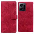 For Redmi Note 12 4G Global Lace Floral Embossed Magnetic Buckle PU Phone Case With Wrist Strap(Red) - 1