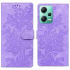 For Redmi Note 12 5G Global Lace Floral Embossed Magnetic Buckle PU Phone Case With Wrist Strap(Purple) - 1