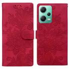 For Redmi Note 12 5G Global Lace Floral Embossed Magnetic Buckle PU Phone Case With Wrist Strap(Red) - 1