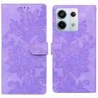 For Redmi Note 13 Pro 4G Lace Floral Embossed Magnetic Buckle PU Phone Case With Wrist Strap(Purple) - 1