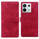 For Redmi Note 13 Pro 4G Lace Floral Embossed Magnetic Buckle PU Phone Case With Wrist Strap(Red) - 1