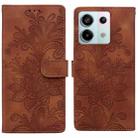 For Redmi Note 13 Pro 4G Lace Floral Embossed Magnetic Buckle PU Phone Case With Wrist Strap(Brown) - 1