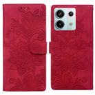 For Redmi Note 13 Pro 5G Lace Floral Embossed Magnetic Buckle PU Phone Case With Wrist Strap(Red) - 1