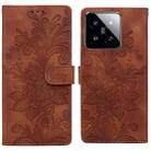 For Xiaomi 14 Lace Floral Embossed Magnetic Buckle PU Phone Case With Wrist Strap(Brown) - 1