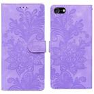 For iPhone 6 / 7 / SE 2022 Lace Floral Embossed Magnetic Buckle PU Phone Case With Wrist Strap(Purple) - 1