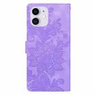 For iPhone 11 Lace Floral Embossed Magnetic Buckle PU Phone Case With Wrist Strap(Purple) - 3