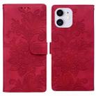 For iPhone 11 Lace Floral Embossed Magnetic Buckle PU Phone Case With Wrist Strap(Red) - 1