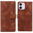 For iPhone 11 Lace Floral Embossed Magnetic Buckle PU Phone Case With Wrist Strap(Brown) - 1