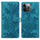 For iPhone 11 Pro Lace Floral Embossed Magnetic Buckle PU Phone Case With Wrist Strap(Green) - 1