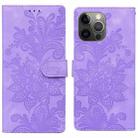 For iPhone 11 Pro Lace Floral Embossed Magnetic Buckle PU Phone Case With Wrist Strap(Purple) - 1
