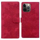 For iPhone 11 Pro Lace Floral Embossed Magnetic Buckle PU Phone Case With Wrist Strap(Red) - 1