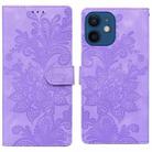 For iPhone 12 Lace Floral Embossed Magnetic Buckle PU Phone Case With Wrist Strap(Purple) - 1