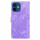 For iPhone 12 Lace Floral Embossed Magnetic Buckle PU Phone Case With Wrist Strap(Purple) - 3