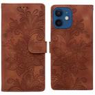 For iPhone 12 Lace Floral Embossed Magnetic Buckle PU Phone Case With Wrist Strap(Brown) - 1