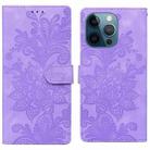 For iPhone 12 Pro Max / 13 Pro Max Lace Floral Embossed Magnetic Buckle PU Phone Case With Wrist Strap(Purple) - 1