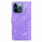 For iPhone 12 Pro Max / 13 Pro Max Lace Floral Embossed Magnetic Buckle PU Phone Case With Wrist Strap(Purple) - 3