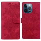 For iPhone 12 Pro Max / 13 Pro Max Lace Floral Embossed Magnetic Buckle PU Phone Case With Wrist Strap(Red) - 1