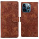 For iPhone 12 Pro Max / 13 Pro Max Lace Floral Embossed Magnetic Buckle PU Phone Case With Wrist Strap(Brown) - 1