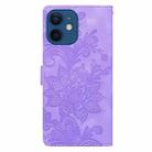 For iPhone 12 mini / 13 mini Lace Floral Embossed Magnetic Buckle PU Phone Case With Wrist Strap(Purple) - 3