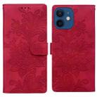 For iPhone 12 mini / 13 mini Lace Floral Embossed Magnetic Buckle PU Phone Case With Wrist Strap(Red) - 1