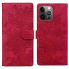 For iPhone 12 Pro Lace Floral Embossed Magnetic Buckle PU Phone Case With Wrist Strap(Red) - 1