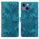 For iPhone 13 / 14 Lace Floral Embossed Magnetic Buckle PU Phone Case With Wrist Strap(Green) - 1