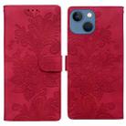 For iPhone 13 / 14 Lace Floral Embossed Magnetic Buckle PU Phone Case With Wrist Strap(Red) - 1