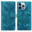 For iPhone 13 Pro Lace Floral Embossed Magnetic Buckle PU Phone Case With Wrist Strap(Green) - 1