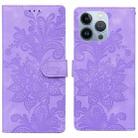 For iPhone 13 Pro Lace Floral Embossed Magnetic Buckle PU Phone Case With Wrist Strap(Purple) - 1