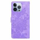 For iPhone 13 Pro Lace Floral Embossed Magnetic Buckle PU Phone Case With Wrist Strap(Purple) - 3