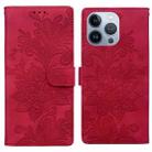 For iPhone 13 Pro Lace Floral Embossed Magnetic Buckle PU Phone Case With Wrist Strap(Red) - 1