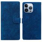 For iPhone 13 Pro Lace Floral Embossed Magnetic Buckle PU Phone Case With Wrist Strap(Blue) - 1