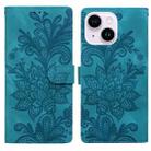 For iPhone 14 Plus / 15 Plus Lace Floral Embossed Magnetic Buckle PU Phone Case With Wrist Strap(Green) - 1