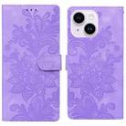 For iPhone 14 Plus / 15 Plus Lace Floral Embossed Magnetic Buckle PU Phone Case With Wrist Strap(Purple) - 1