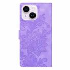 For iPhone 14 Plus / 15 Plus Lace Floral Embossed Magnetic Buckle PU Phone Case With Wrist Strap(Purple) - 3