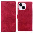 For iPhone 14 Plus / 15 Plus Lace Floral Embossed Magnetic Buckle PU Phone Case With Wrist Strap(Red) - 1