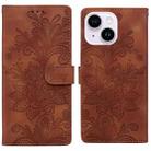 For iPhone 14 Plus / 15 Plus Lace Floral Embossed Magnetic Buckle PU Phone Case With Wrist Strap(Brown) - 1