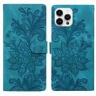 For iPhone 14 Pro Lace Floral Embossed Magnetic Buckle PU Phone Case With Wrist Strap(Green) - 1