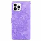 For iPhone 14 Pro Lace Floral Embossed Magnetic Buckle PU Phone Case With Wrist Strap(Purple) - 3