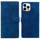 For iPhone 14 Pro Lace Floral Embossed Magnetic Buckle PU Phone Case With Wrist Strap(Blue) - 1