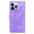 For iPhone 14 Pro Max Lace Floral Embossed Magnetic Buckle PU Phone Case With Wrist Strap(Purple) - 3