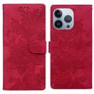 For iPhone 14 Pro Max Lace Floral Embossed Magnetic Buckle PU Phone Case With Wrist Strap(Red) - 1