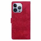 For iPhone 14 Pro Max Lace Floral Embossed Magnetic Buckle PU Phone Case With Wrist Strap(Red) - 3