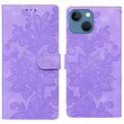 For iPhone 15 Lace Floral Embossed Magnetic Buckle PU Phone Case With Wrist Strap(Purple) - 1