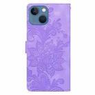 For iPhone 15 Lace Floral Embossed Magnetic Buckle PU Phone Case With Wrist Strap(Purple) - 3