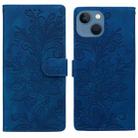 For iPhone 15 Lace Floral Embossed Magnetic Buckle PU Phone Case With Wrist Strap(Blue) - 1